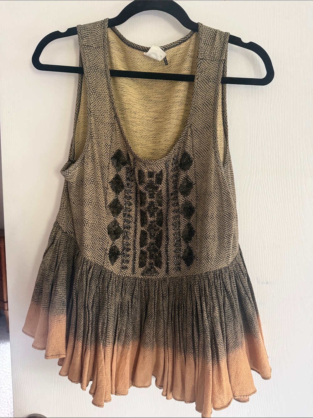Boho Sleeveless Tank Top with Embroidered Front in Tan and Black